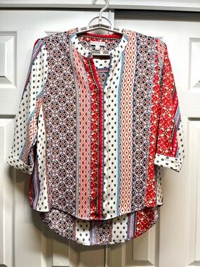 Dana Buchman Women's Size L Split Neck 3/4 Sleeve Multi-Pattern Boho Blouse
